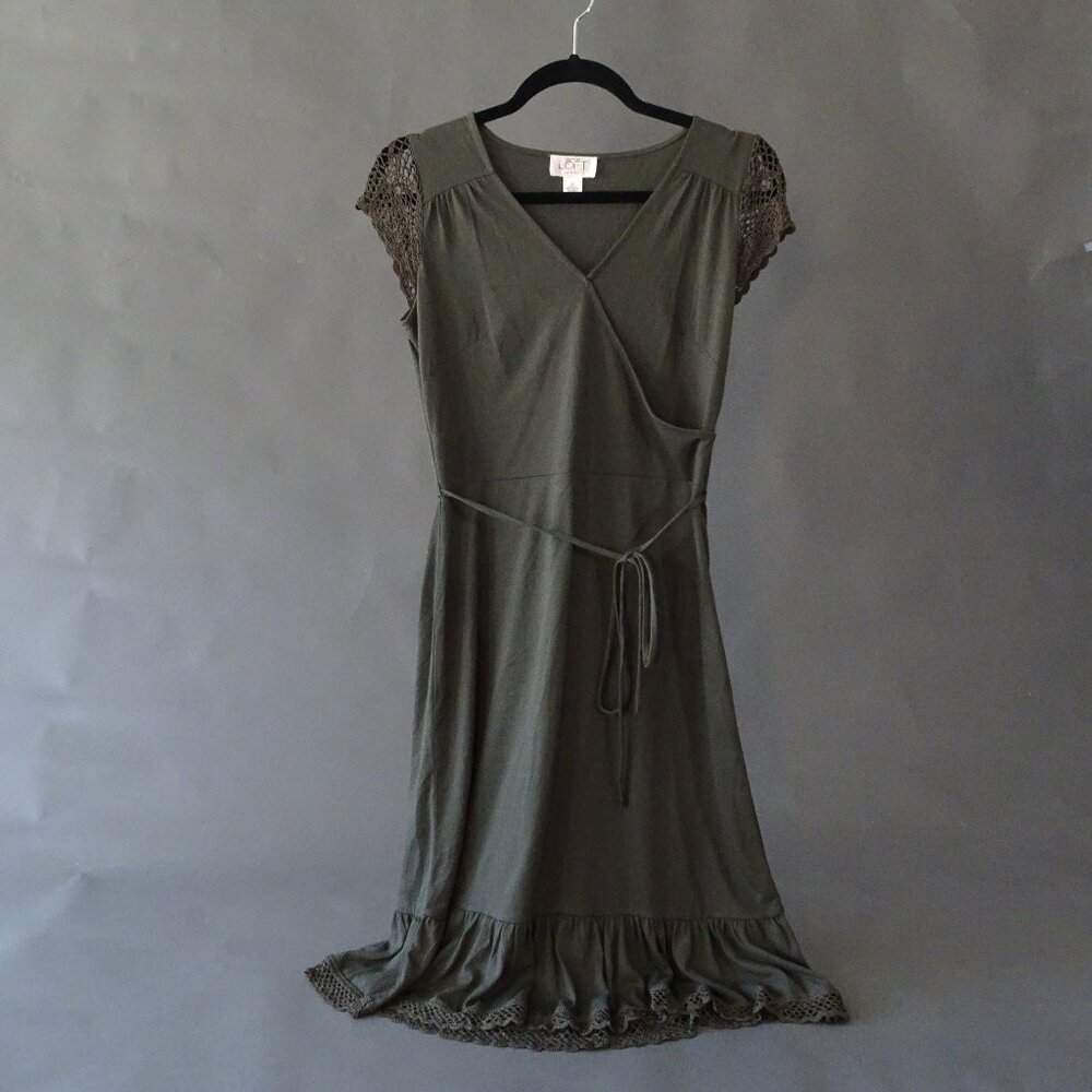 LOFT Green Lace and Ruffle Dress
